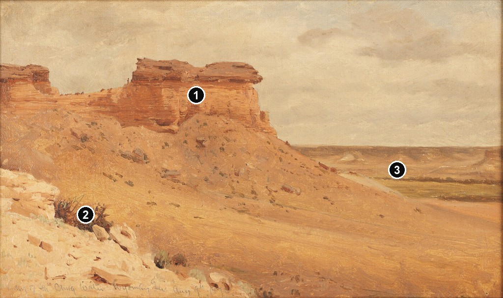 Annotated details from Valley of the Chugwater, Wyoming Territory by Sanford Robinson Gifford